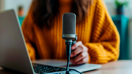A person in a cozy sweater speaks into a microphone while using a laptop, capturing the essence of podcasting and remote work.