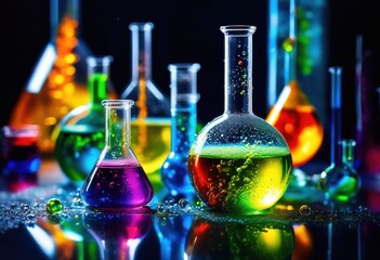 detailed close dynamic chemical reactions inside laboratory glassware showcasing vibrant colors bubbling activity, chemistry, compound, experiment, solution