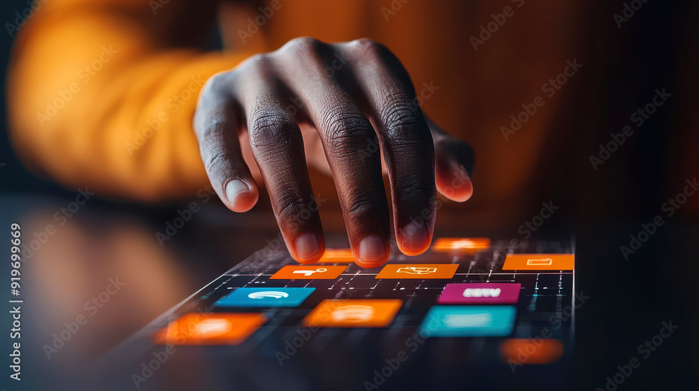 Poster close-up of a hand interacting with a vibrant touchscreen filled with colorful app icons, showcasing