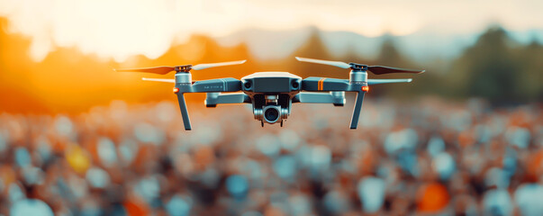 Aerial view of a drone hovering over a crowd at sunset, showcasing technology and outdoor events.