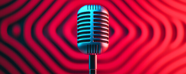 Close-up of a vintage microphone with a vibrant red and blue abstract background, perfect for music and performance themes.