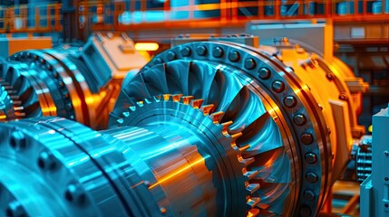 Detail of the metal turbine mechanism. Large shiny steel equipment with blades. A machine with many gears and a shiny metallic appearance. Illustration for poster, cover, brochure or presentation.
