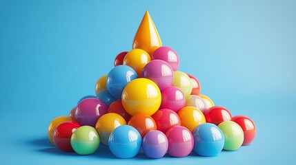 Colorful glossy spheres arranged in a pyramid shape on a blue background.
