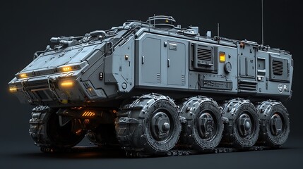 Obraz premium Futuristic armored vehicle with six large wheels and lights on a dark background.