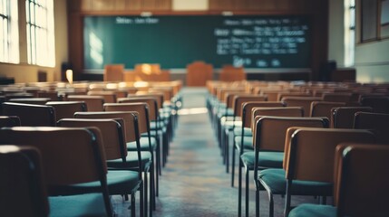 Photo of an empty university classroom with empty chairs and business conference room tables.