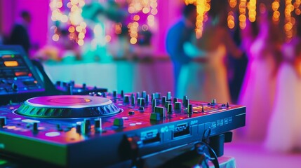 A DJ console stands ready as guests dance in a lively ambiance filled with colorful lights during a...