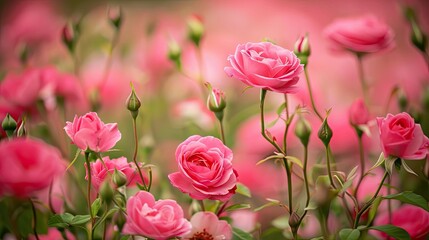 A bush with pink roses blooming in a summer garden. Illustration for cover, card, postcard, interior design, banner, poster, brochure or presentation.