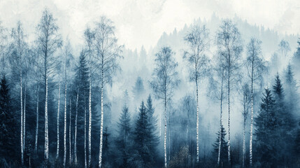 Panoramic foggy forest of birch trees in autumn with heavy fog and blurred background, creating a mysterious and atmospheric atmosphere. Perfect for nature and wilderness-themed designs and...