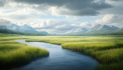 River Winding Through Expansive Meadow Under Cloudy Sky