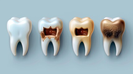 Stages of tooth decay illustrated on four teeth showing progression from healthy to severely decayed
