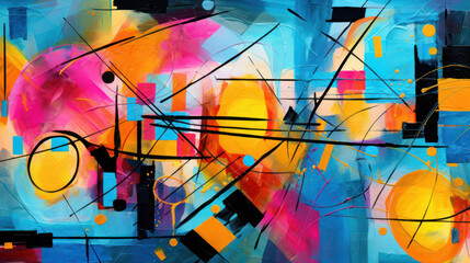 Obraz premium Abstract painting with vibrant colors. Shapes, including circular forms and intricate patterns. Colorful Background.
