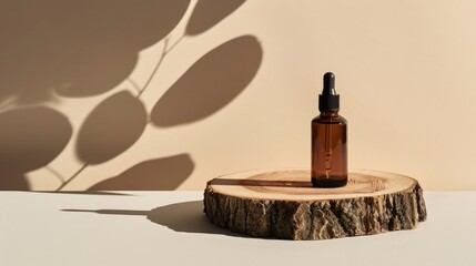 Eco-friendly beauty product display with wood slice on beige background.