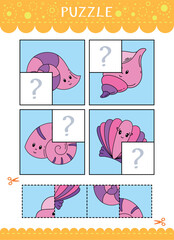 Puzzle for kids. Cut and glue. Find the missing parts of the picture. Vector worksheet of simple educational game