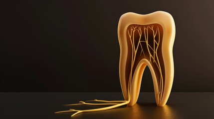 Detailed 3D illustration of a tooth cross-section showing internal nerve and root structures close-up view of dental anatomy