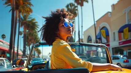A black woman with stylish sunglasses smiles while sitting in a bright convertible under palm trees on a sunny day