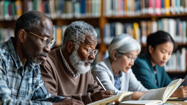 A group of older adults studying in a library, showcasing a commitment to lifelong learning