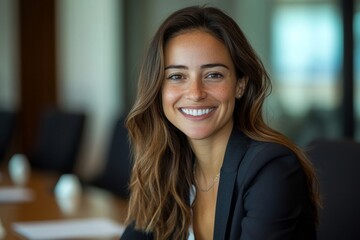 Fototapeta premium Cheerful businesswoman smiling at the camera in a boardroom, Generative AI