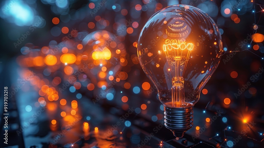 Poster glowing light bulb with bokeh background
