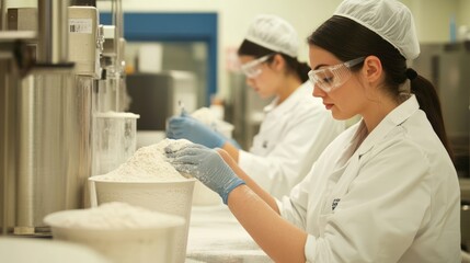Obraz premium Photo of employees checking flour quality in the laboratory