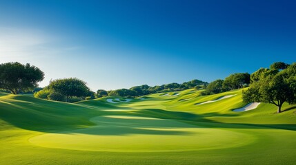 A serene golf course with perfectly manicured greens and fairways, surrounded by trees, under a clear blue sky
