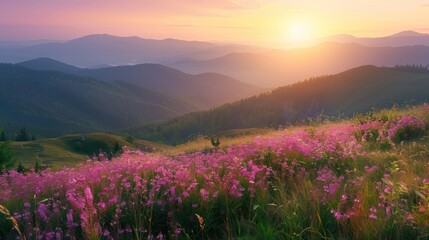 Fototapeta premium Sunrise Over Mountain Meadow
