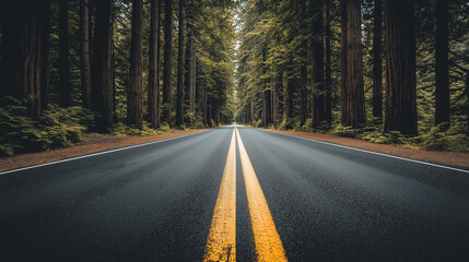 Fototapeta premium Asphalt road through a dense forest with yellow lines. ..