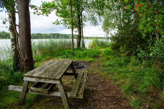 Resting place at the lake Katvari in August on a cloudy day in Katvari in Latvia
