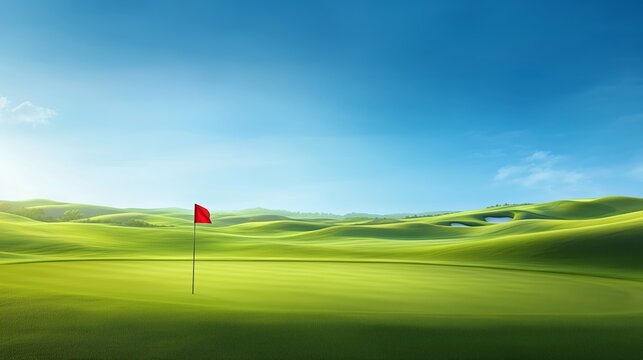 a golf course with a red flag on the green, surrounded by rolling fairways and a clear blue sky