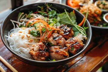Fototapeta premium Bun Cha: A dish of bun cha with grilled pork, rice noodles, and herbs