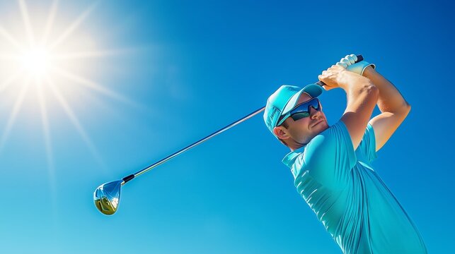 a golfer in mid-swing, with the golf club extended and the bright blue sky as a vibrant backdrop