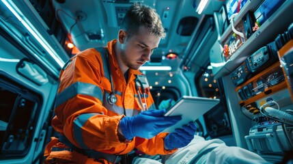 The paramedic using tablet in ambulance