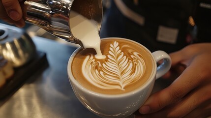A professional barista pours hot milk into a coffee cup. Make rosetta latte art