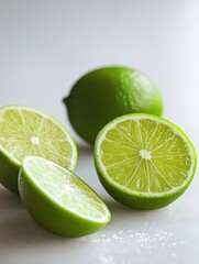 Three lime wedges and one whole lime on a white background.