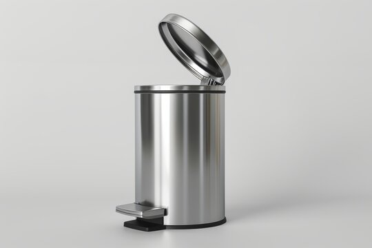 A sleek stainless steel trash can with the lid open on a white background