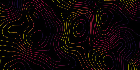 Abstract light pattern Vector illustration. Topographic map background concept. Vibrant neon lights pulsating patterns. Colorful topography contour lines isolated on black background.