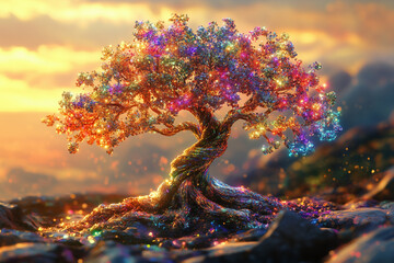 A colorful leaf bonsai tree stands elegantly, its tiny branches adorned with vibrant hues of red, orange, and green.  