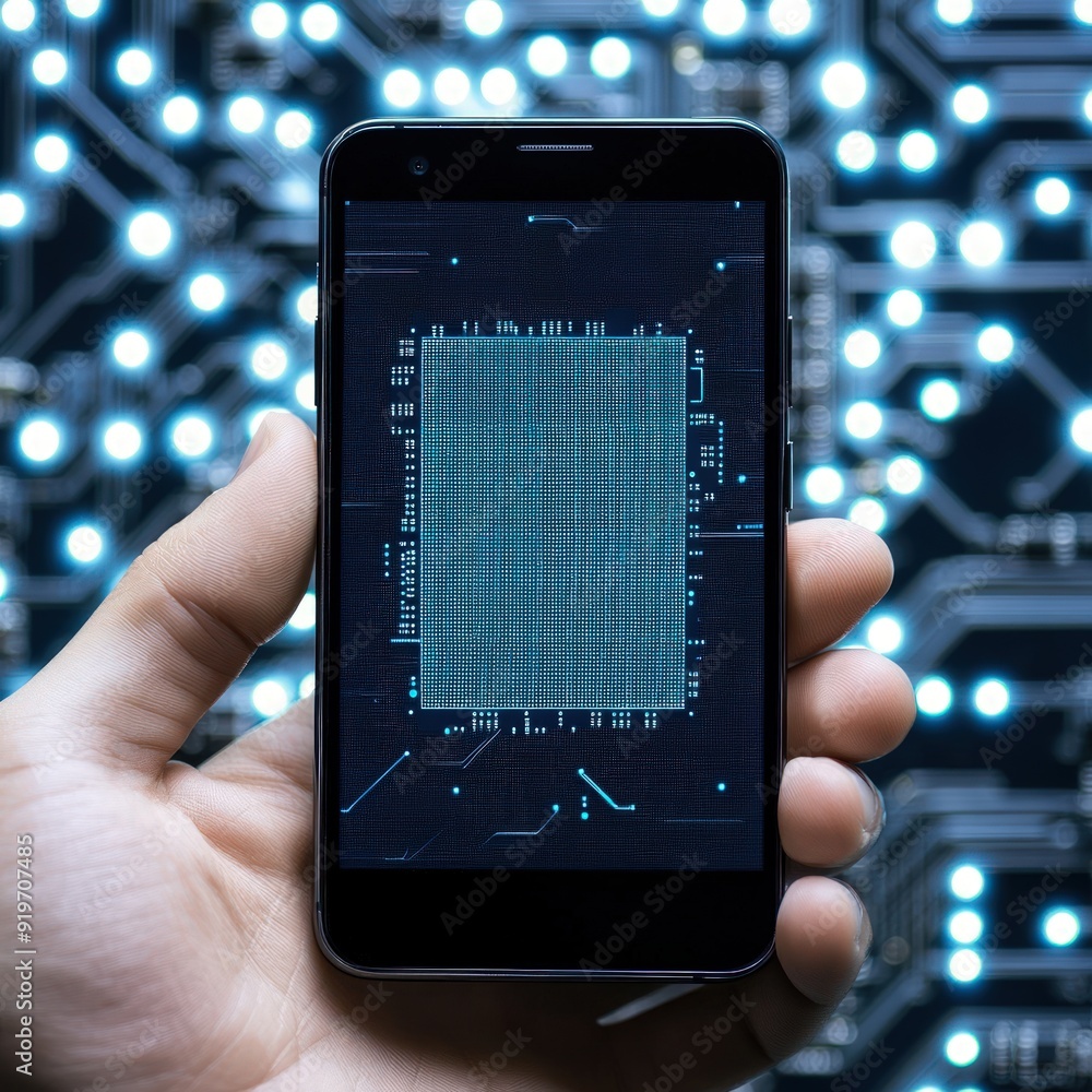 Poster a hand holding a smartphone with a circuit board displayed on the screen.