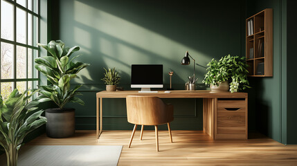 The workspace incorporates natural elements like indoor plants and wooden accents, creating a refreshing and calming environment.
