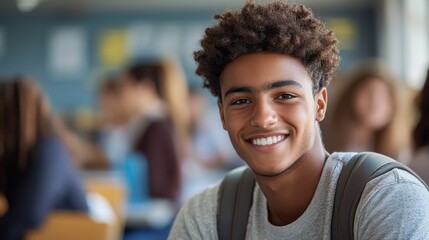 Obraz premium Young male student smiling and looking at camera on first day of co-ed class, Generative AI