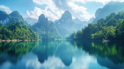 Fototapeta premium Panoramic view of beautiful photography scenery green natural lake and mountains background wallpaper AI generated image