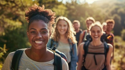 A group of friends hiking and smiling, highlighting the health benefits of being active