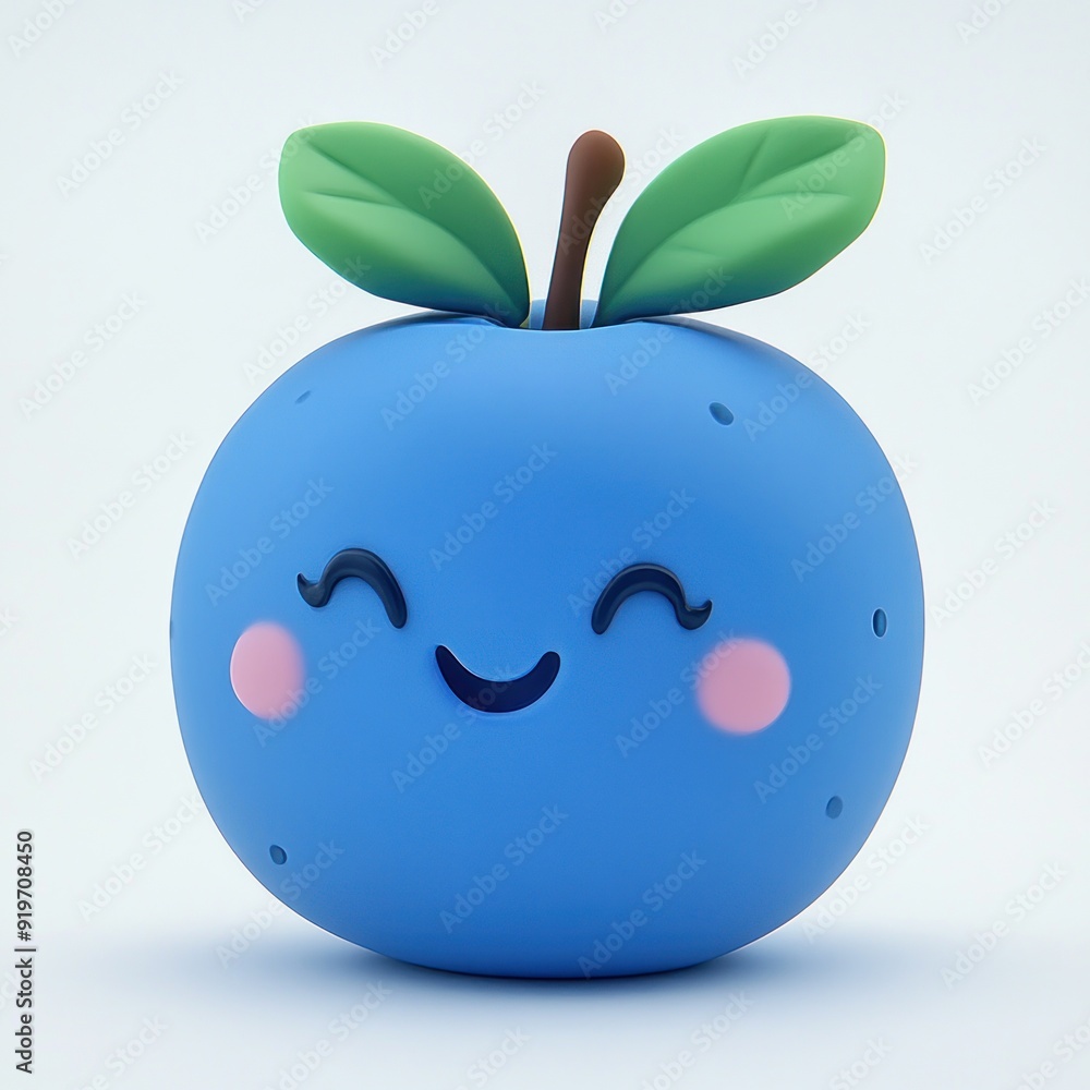 Sticker Cute blue fruit with a smiley face and two green leaves.