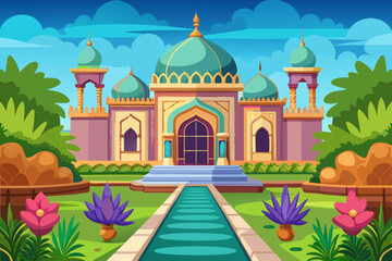 Animated Palace with Garden Landscape vector illustration