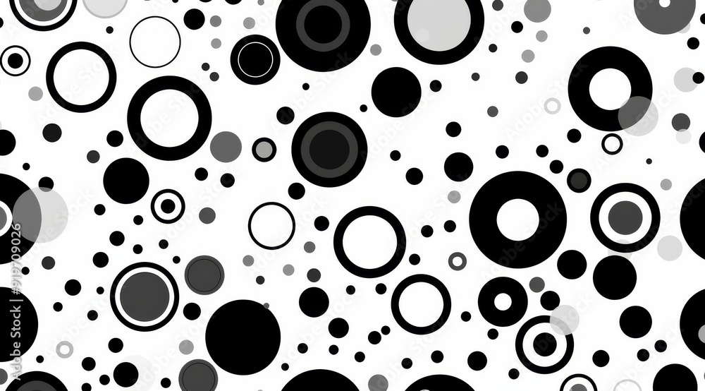 Poster a lively and striking pattern comprised of black and white circles set against a clean minimalist ba