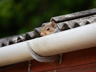 Cute squirrel head popping out of roof of the shed  © Franz