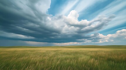 Obraz premium Golden wheat sways gently under a vast blue sky, rural landscape painting nature's canvas