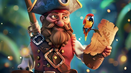 A cartoon pirate with a parrot on his boat, sailing through the ocean, enjoying the adventure with a joyful smile.

