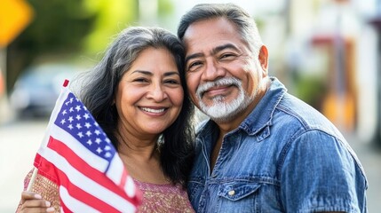 Happy senior Latino American couple holding an American flag, smiling on the street during the USA independence day celebration . Happy 4th of July.