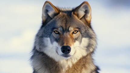 Obraz premium The gray wolf looking or latin name canis lupus is a large predatory dog ​​species in a snowy climate background wallpaper AI generated image