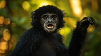 Portrait black gibbon monkey wild or Latin name symphalangus syndactylus in the forest endangered animal background wallpaper AI generated image